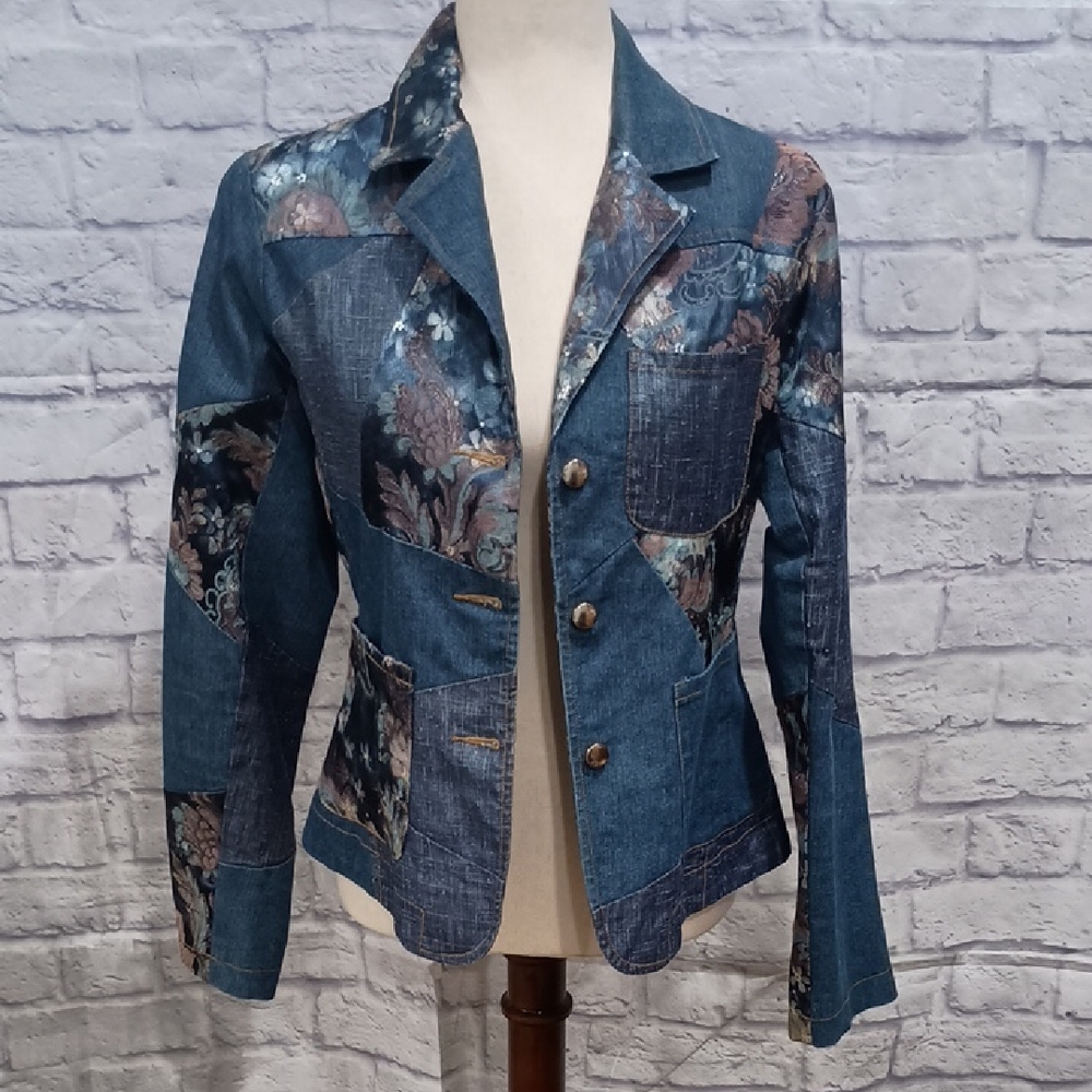 Artistic Blue Jean Jacket with Distressed Design